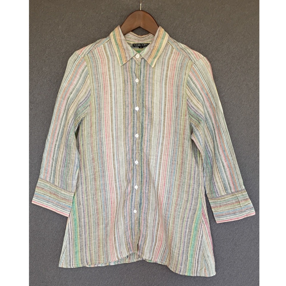 Striped Button Down 100% Linen Shirt 3/4 Sleeve Back Zip Multi Color S Boho Chic
